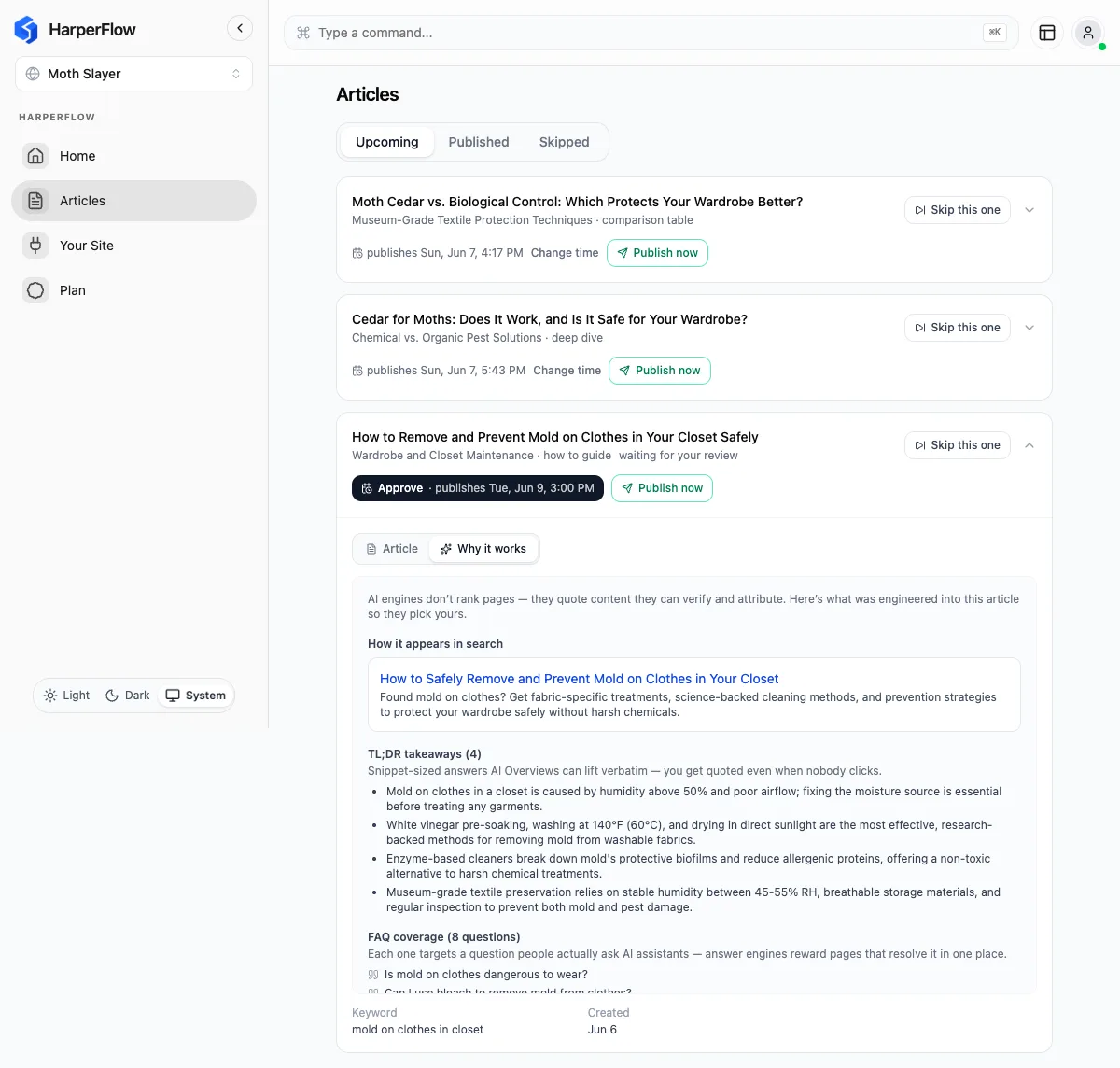 HarperFlow's in-app rationale panel showing why an article works for AI search: citations, TL;DRs, FAQ and audit scores.